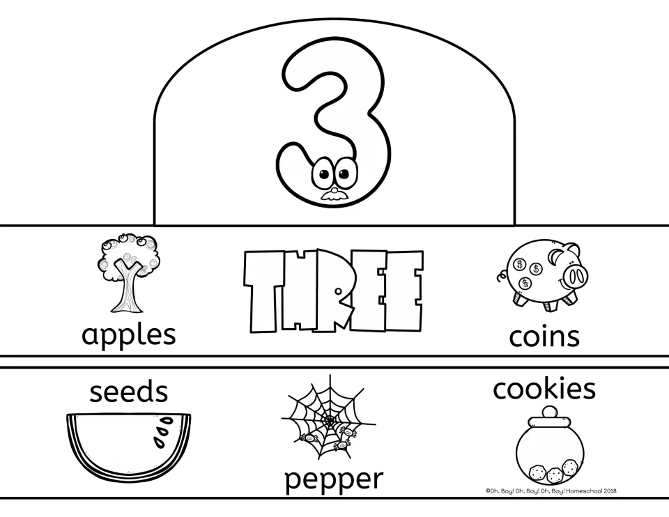Number 3 crown template: THREE with apples, coins, seeds, cookies and a spiderweb picture labeled pepper