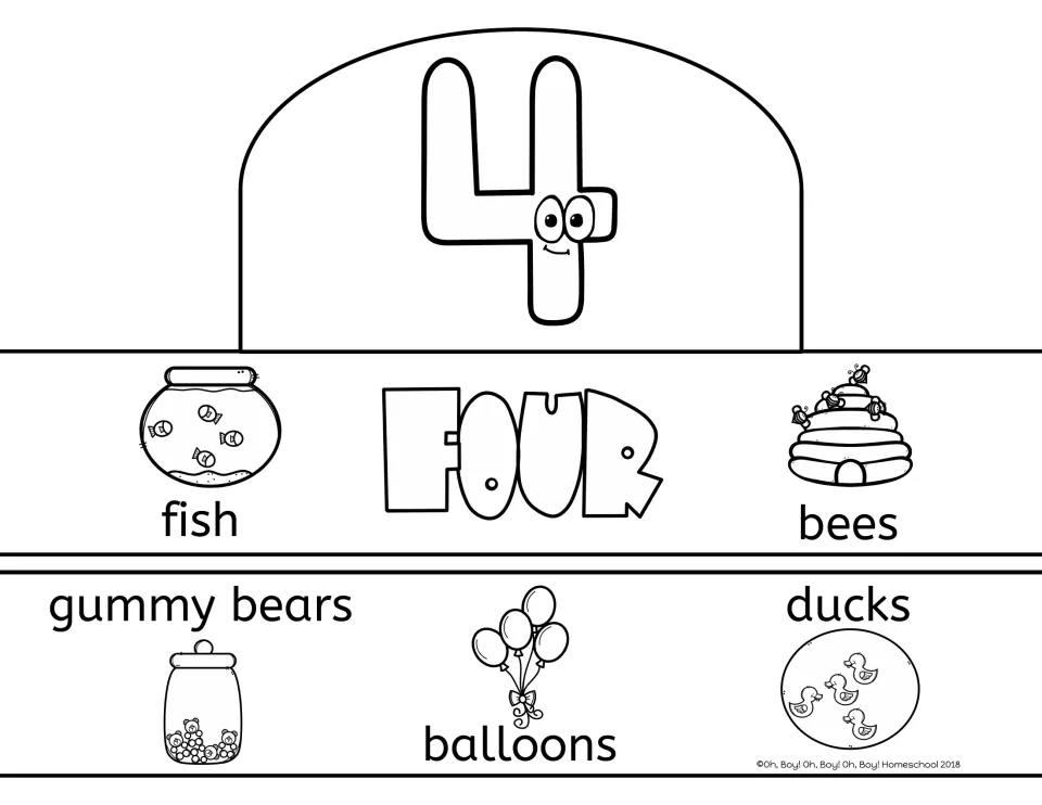 Number 4 crown template: FOUR with counting pictures of four fish, bees, gummy bears, balloons and ducks