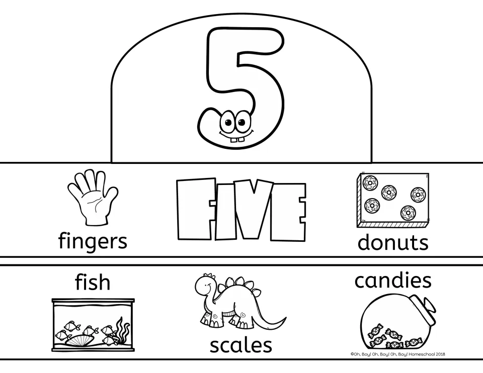 Number 5 crown template: FIVE with counting pictures of five fingers, donuts, fish, scales and candies
