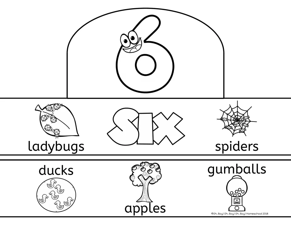 Number 6 crown template: SIX with counting pictures of six ladybugs, spiders, ducks, apples and gumballs