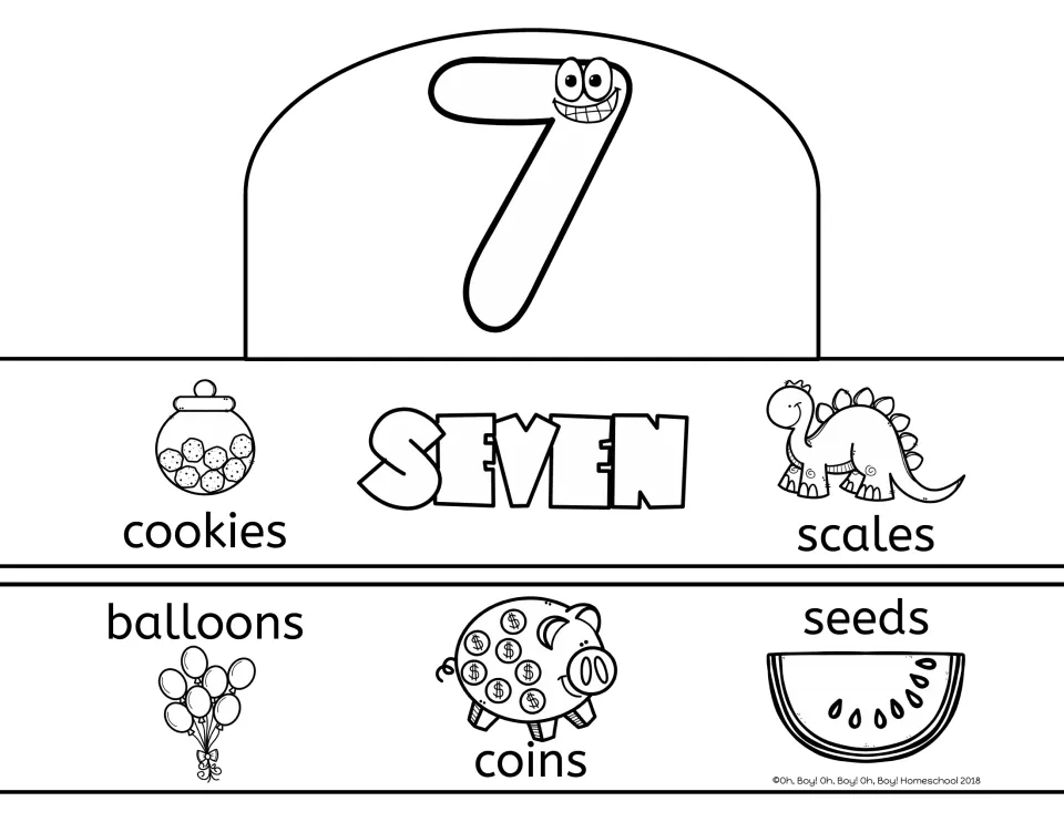 Number 7 crown template: SEVEN with counting pictures of seven cookies, scales, balloons, coins and seeds