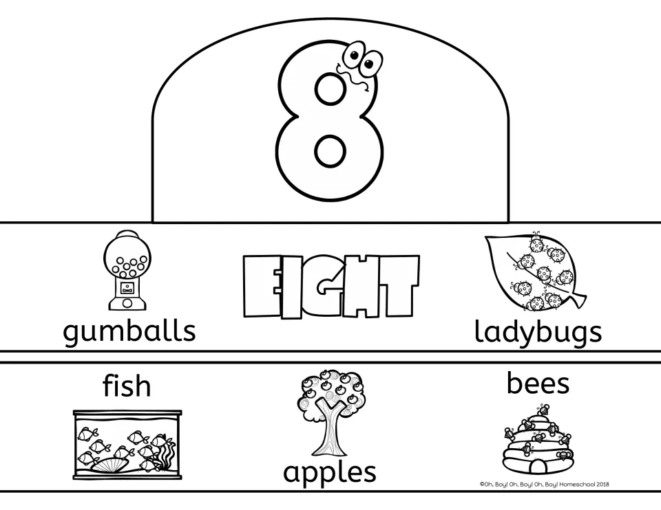 Number 8 crown template: EIGHT with counting pictures of eight gumballs, ladybugs, fish, apples and bees