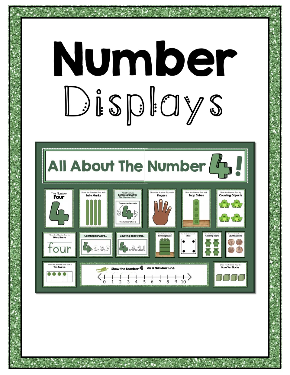 Number Displays cover: sample All About The Number 4 board with tally marks, ten frame, dice, coins and a number line