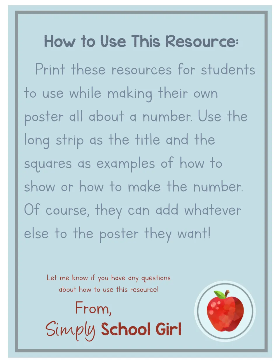 How to Use This Resource: students build their own number poster using the long strip as a title and squares as examples
