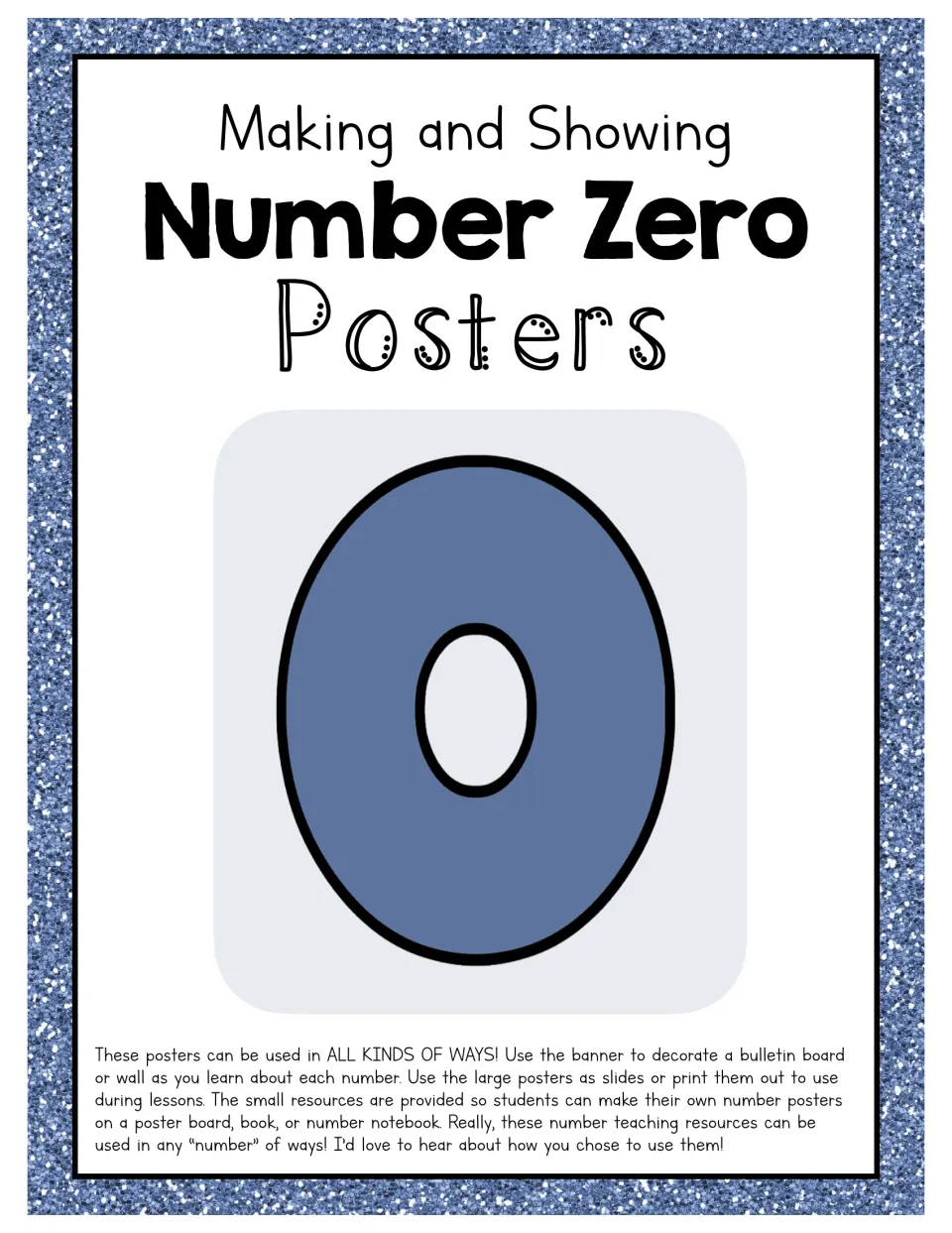 Making and Showing Number Zero Posters title page with a large blue 0 and notes on using banner, posters and small pieces