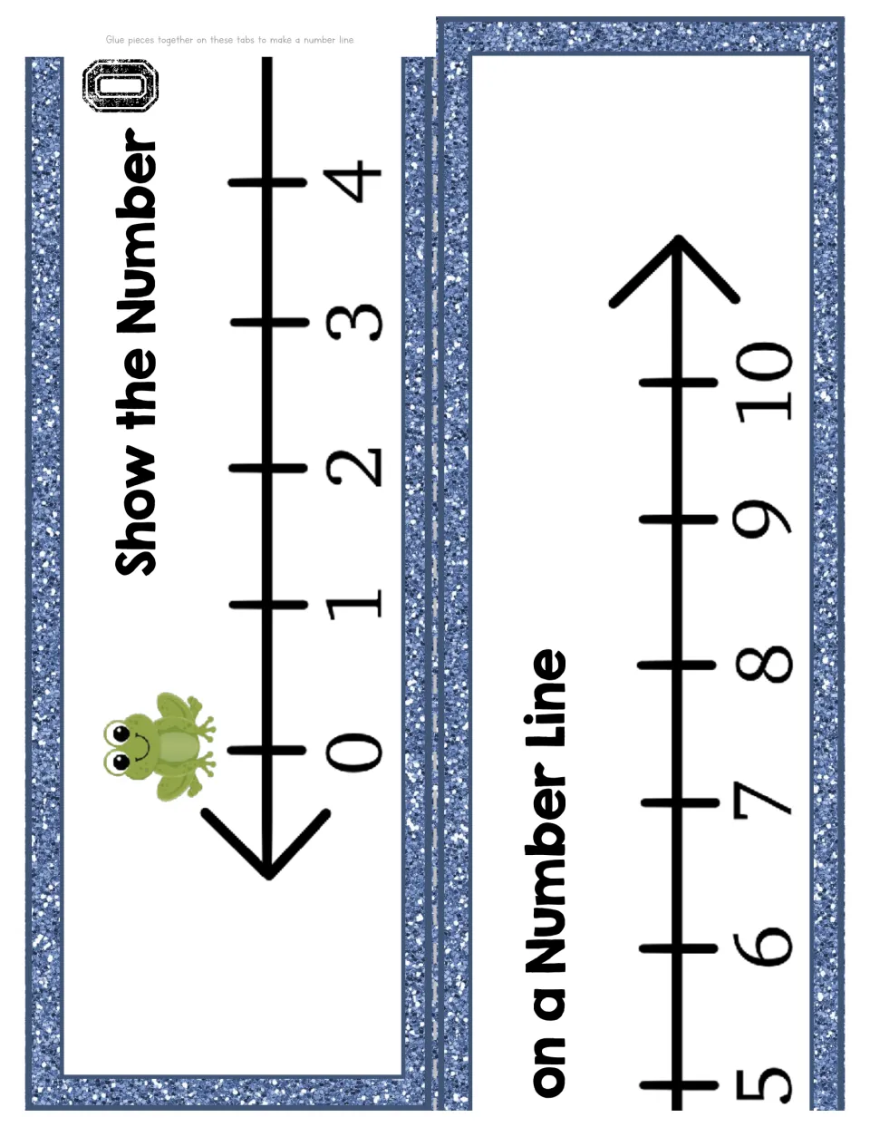 Show the Number 0 on a Number Line: two cut-out pieces of a 0 to 10 number line with a frog at zero, joined at tabs