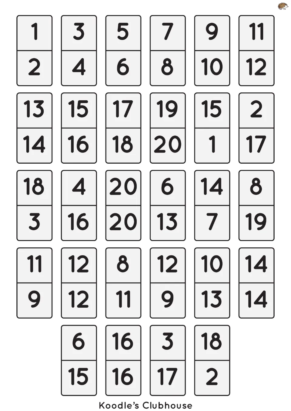 Numeral domino set with 28 cut-out pieces using numbers 1–20, including 11–12, 13–14, 15–16, and 19–20