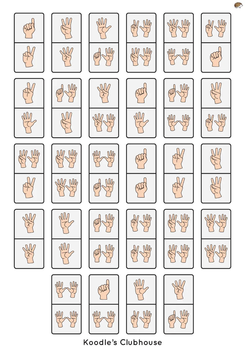 Finger-count domino set with 28 cut-out pieces showing quantities 1–10 using pictures of one or two hands