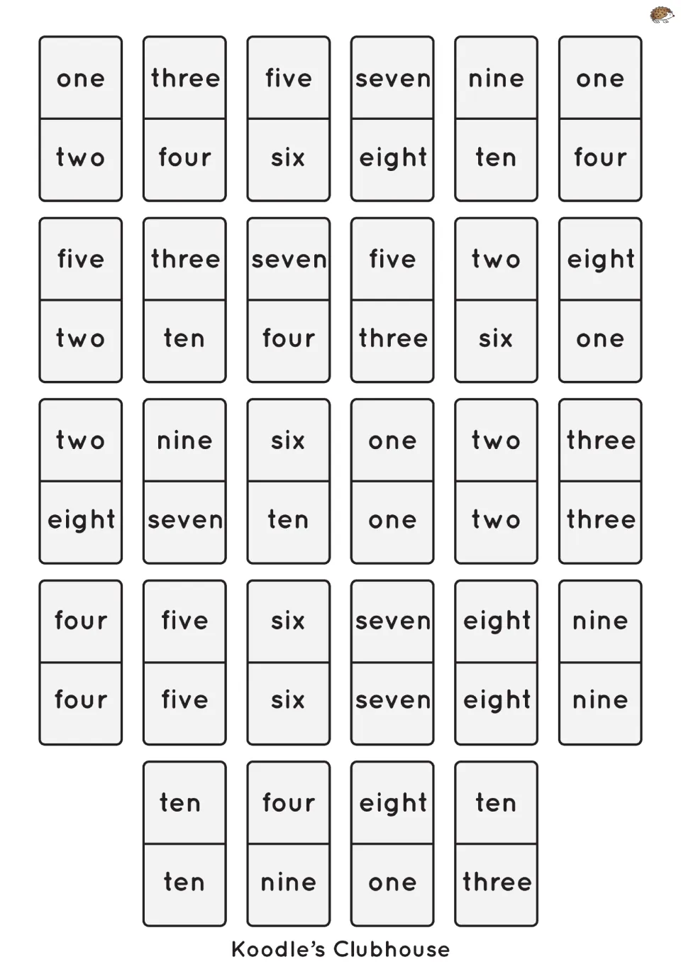 Number-word domino set with 28 cut-out pieces using one through ten, including one–two and three–four