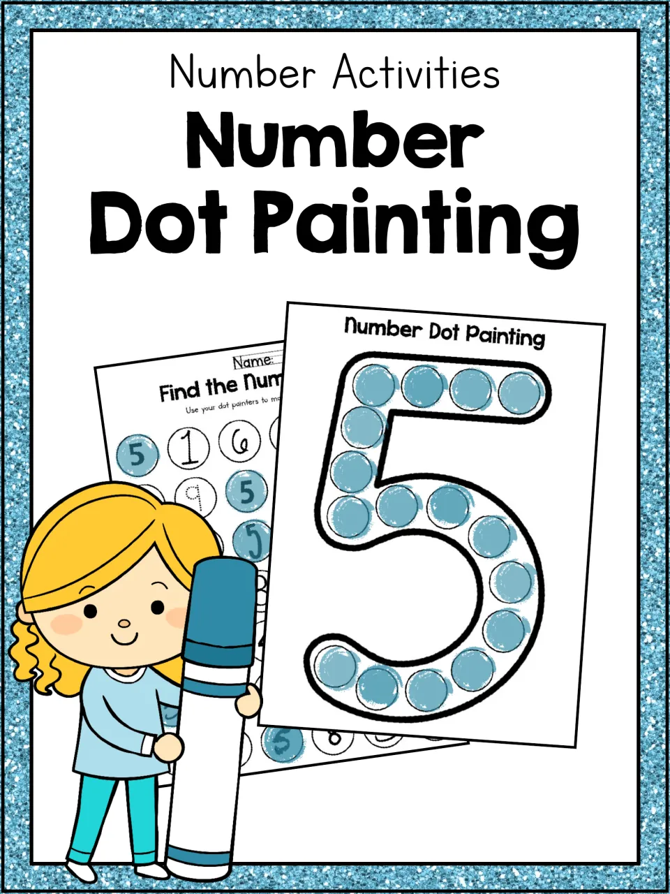 Number Dot Painting cover: a numeral 5 filled with dot-marker dots and a Find the Number page for spotting digits