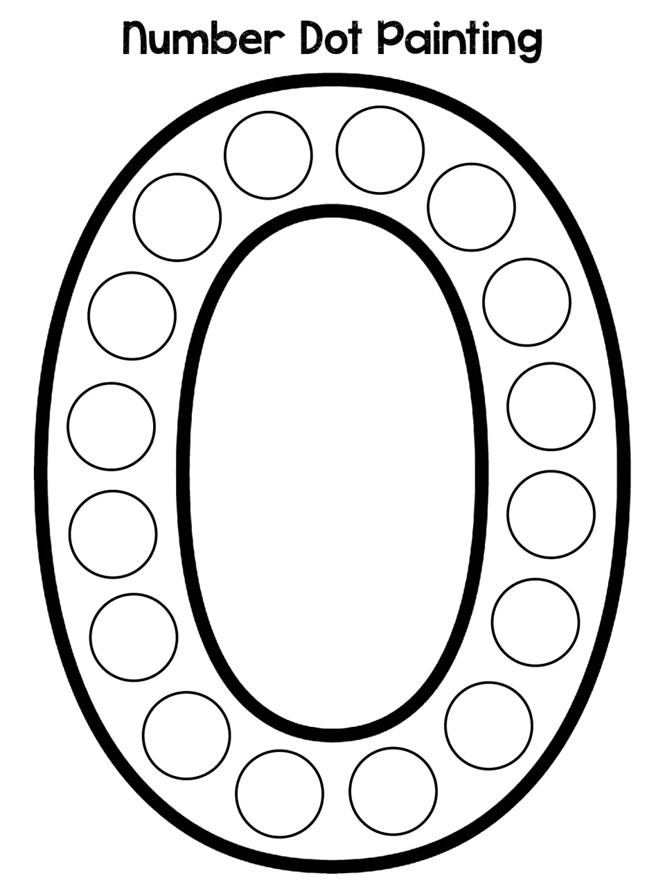 Numeral 0 outline with 16 circles: students stamp each circle with a dot marker to build the shape of zero
