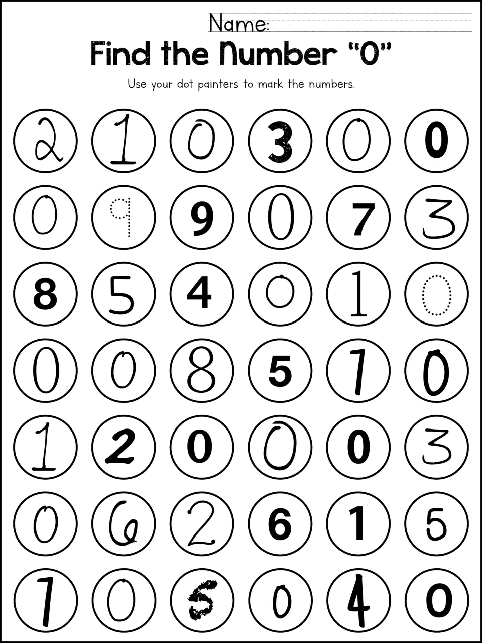 Find the Number 0: students dot every zero among 42 circled numerals 0 to 9 written in mixed fonts and handwriting styles