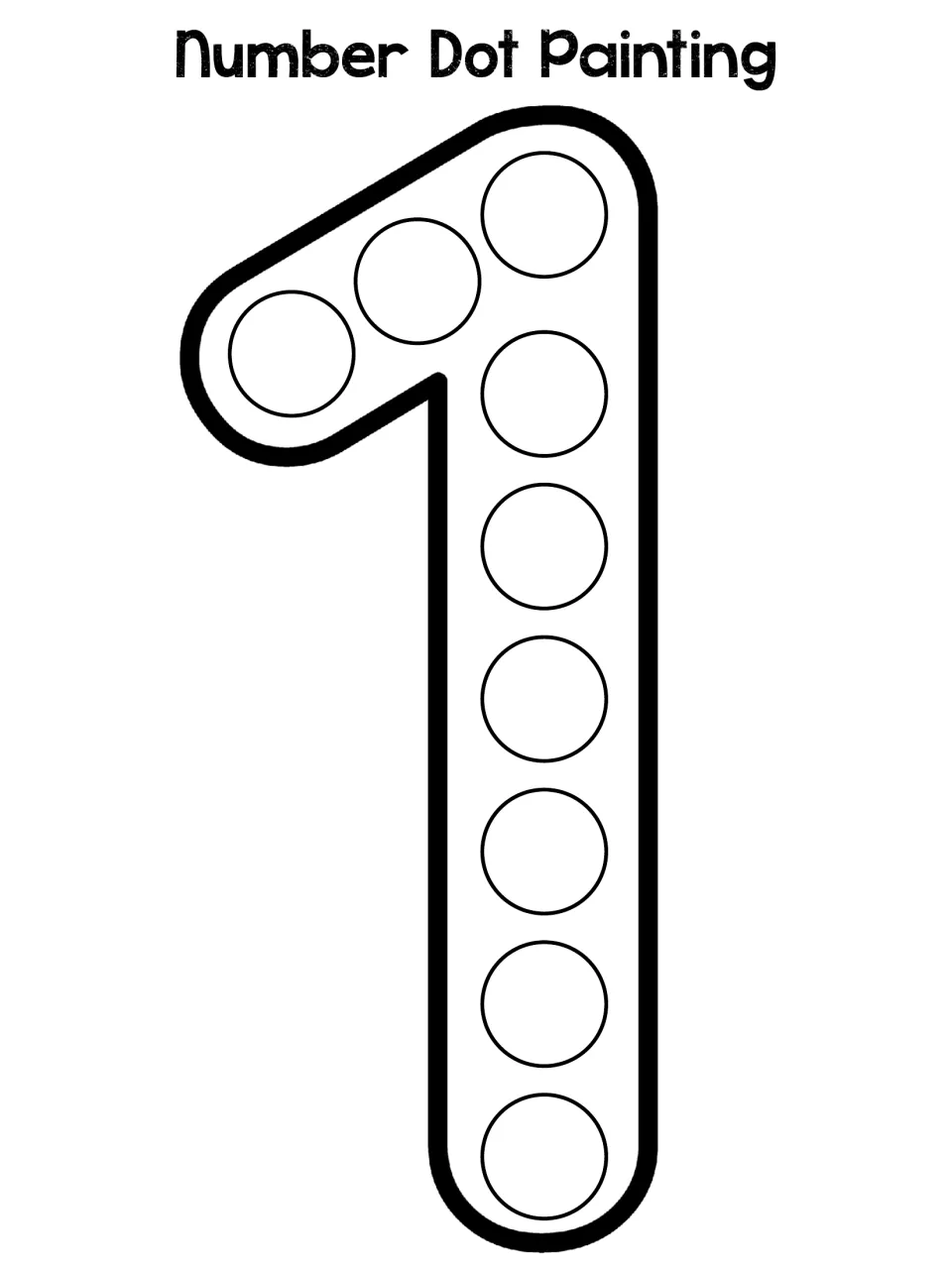 Numeral 1 outline with 9 circles along its stem and flag: students fill each with a dot painter to form the number one