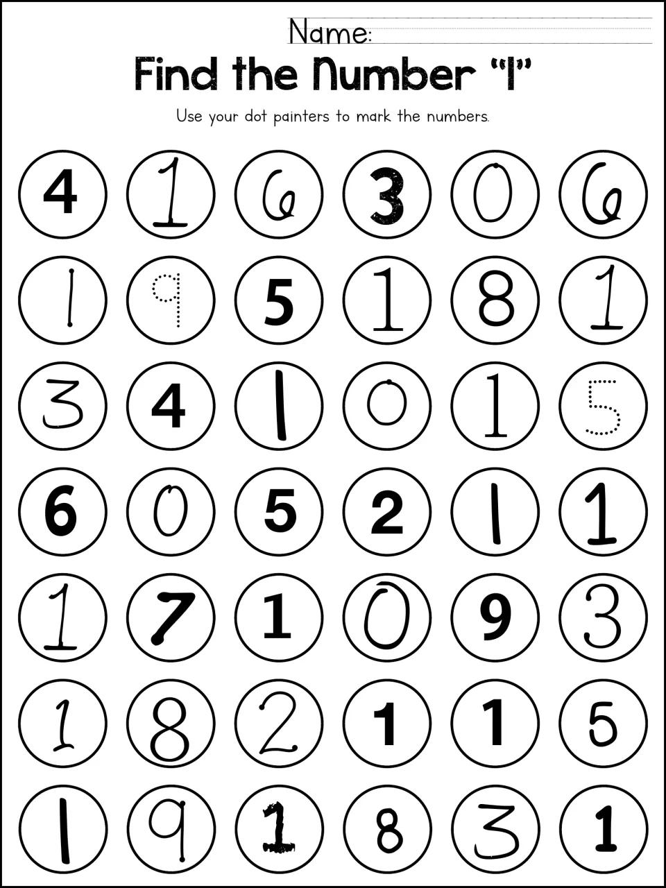 Find the Number 1: students mark each 1 with dot painters, picking it out from other digits in print and script styles