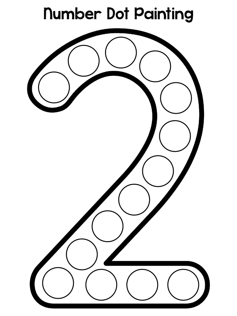 Numeral 2 outline with 14 circles following its curve and base: students dot each circle to build the shape of two