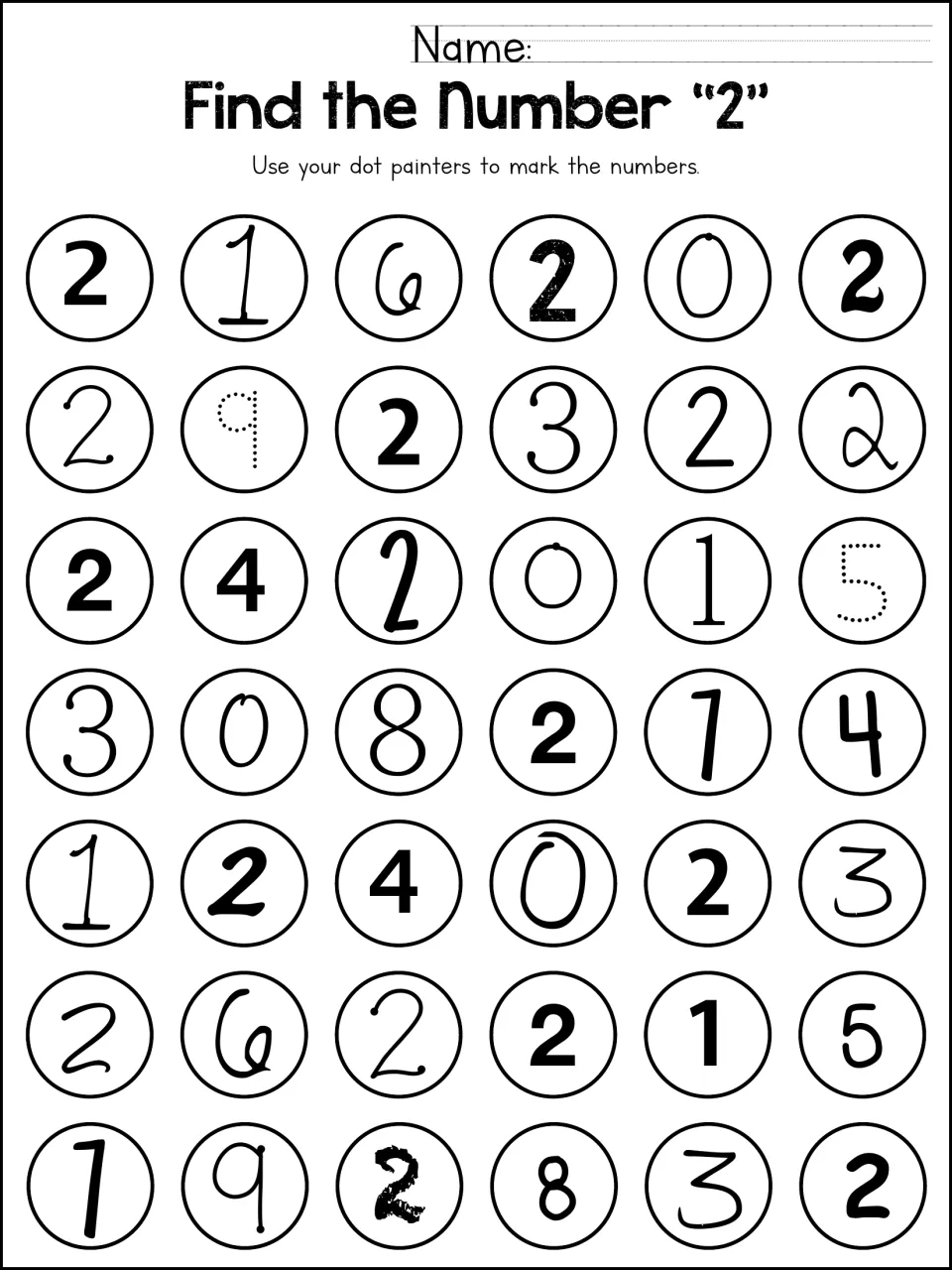 Find the Number 2: students use dot painters to mark every 2 among 42 circled digits in bold, dotted and script styles
