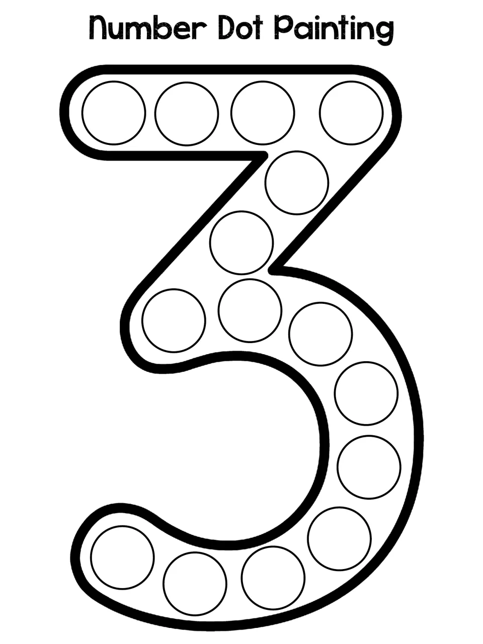 Numeral 3 outline with 15 circles across its top, diagonal and curve: students stamp each one to form the number three
