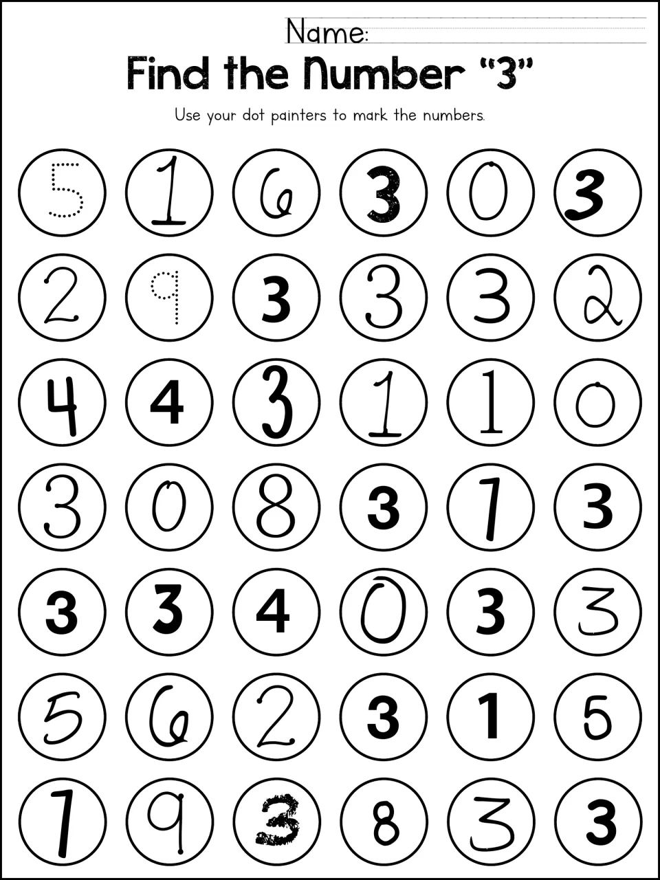 Find the Number 3: students dot each 3 among circled numerals 0 to 9, telling it apart from look-alikes such as 5, 2 and 8