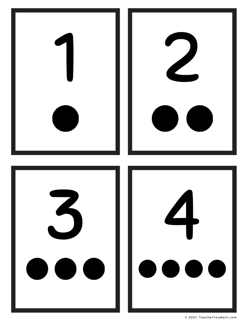 Number flash cards 1 to 4: each card pairs a large numeral with that many black dots for counting and matching quantity