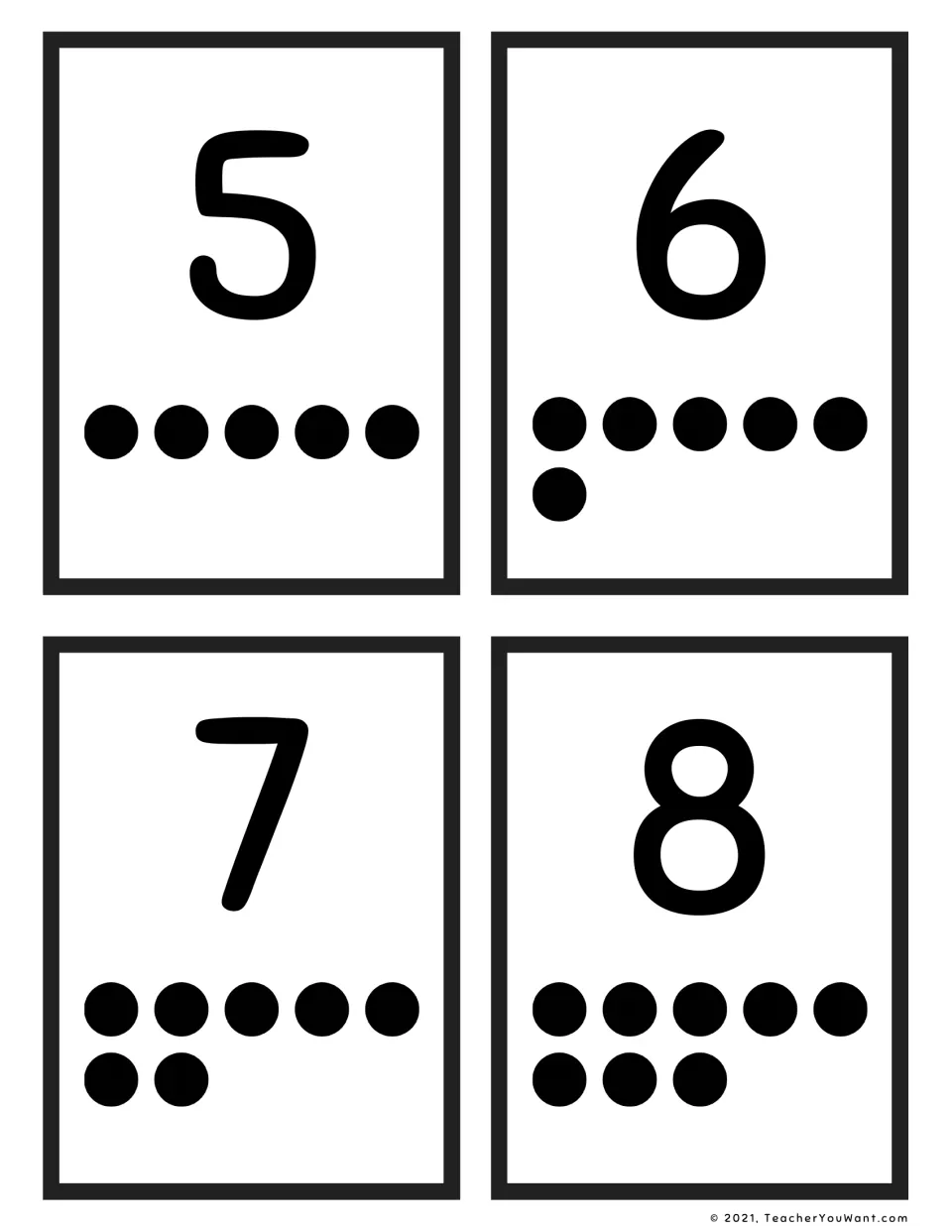 Flash cards 5 to 8: numerals shown above dots set in rows of five, so students count on from five to match each quantity