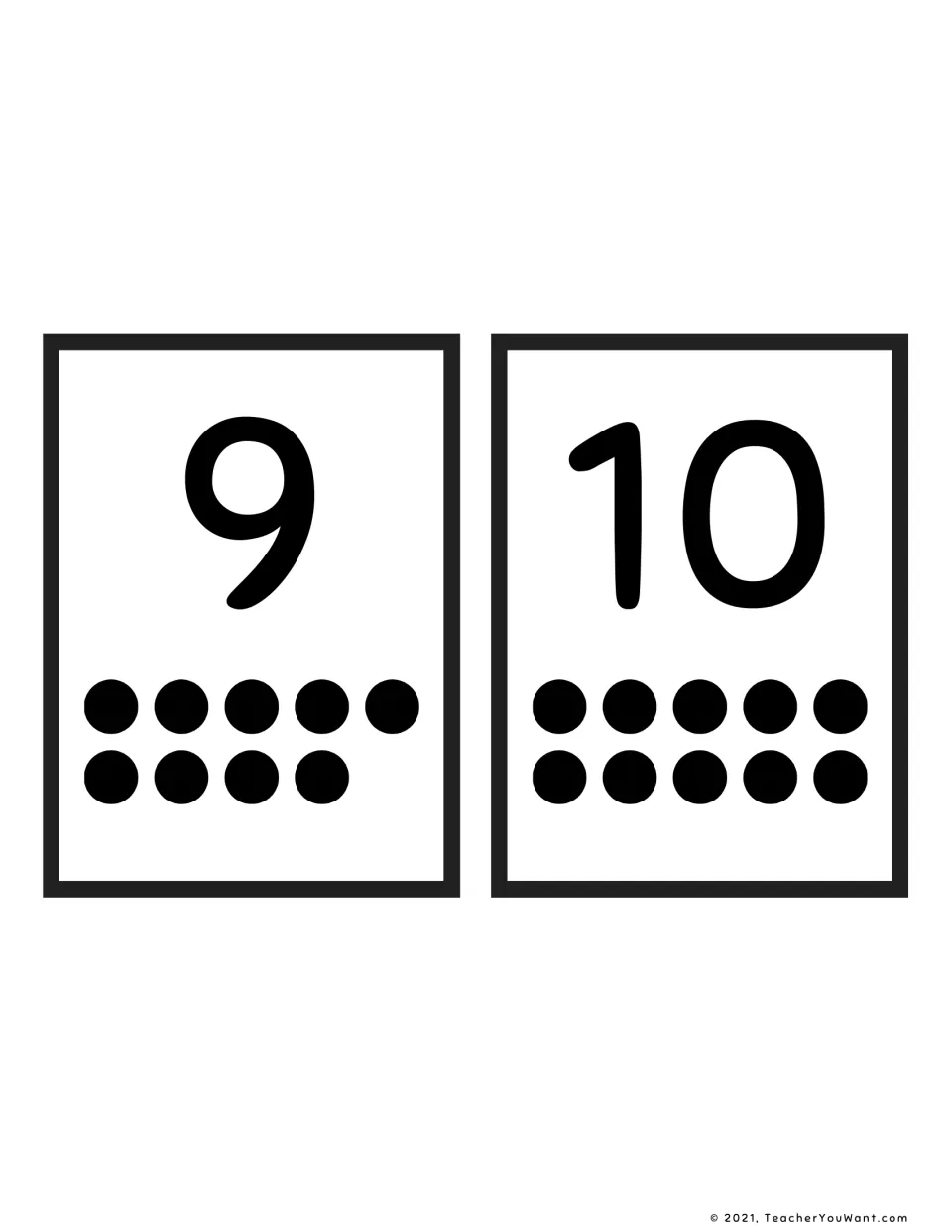 Flash cards 9 and 10: each numeral above dots in two rows, five on top, showing how nine and ten fill a ten-frame layout