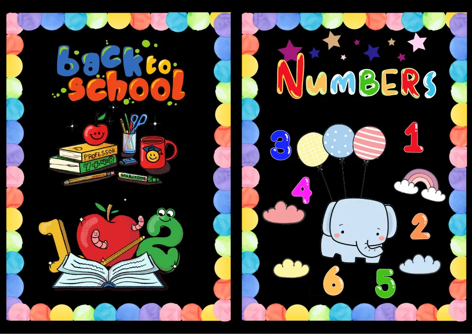 Numbers cover with an elephant, balloons and digits 1 to 6, beside a Back to School cover with an apple, books and pencils