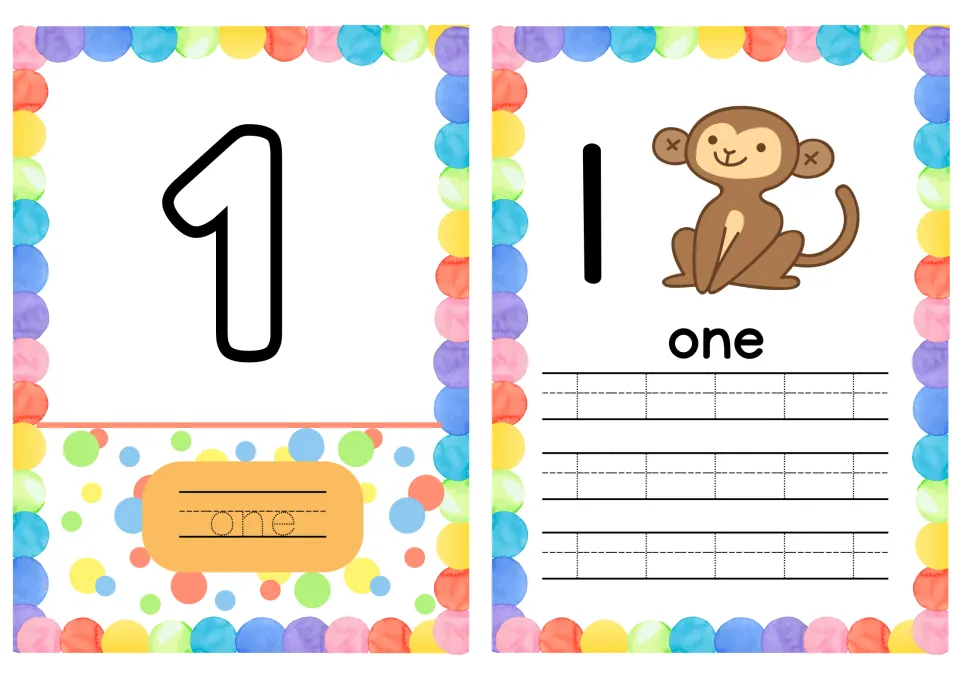 Number 1 cards: students trace the word one under a bubble 1, then copy 1 and one beside a monkey for writing practice