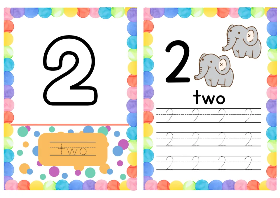 Number 2 cards: students trace the word two under a bubble numeral and trace dotted 2s after counting two elephants