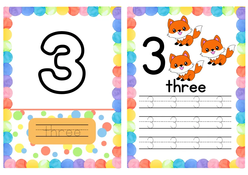 Number 3 cards: students trace three under a bubble numeral, count three foxes and trace three sets of dotted 3s