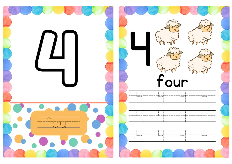 Number 4 cards: tracing the word four under a bubble 4, counting four sheep and tracing dotted 4s for numeral formation