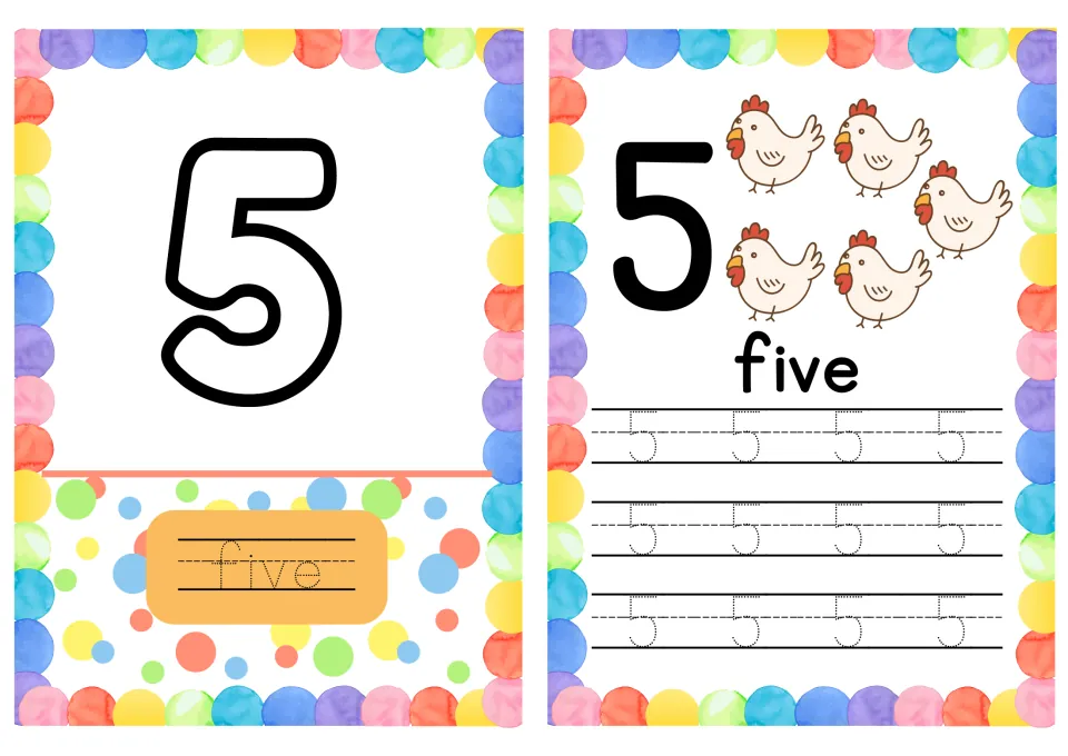 Number 5 cards: tracing the word five below a bubble 5, then counting five hens and tracing dotted 5s for handwriting