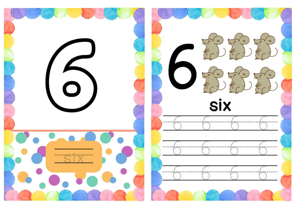 Number 6 cards: students trace six beneath a bubble 6, count six mice and trace dotted 6s for numeral writing practice