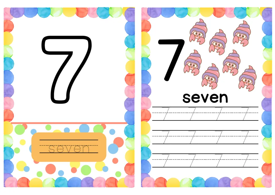 Number 7 cards: students trace seven below a bubble 7, count seven hermit crabs and practise writing dotted 7s