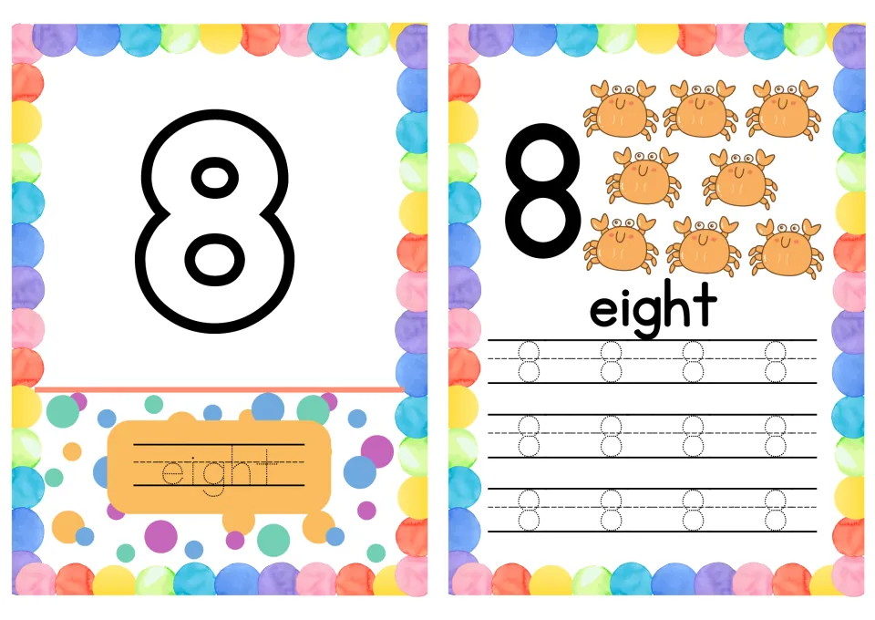 Number 8 cards: students trace eight under a bubble 8, count eight orange crabs and trace dotted 8s to form the numeral