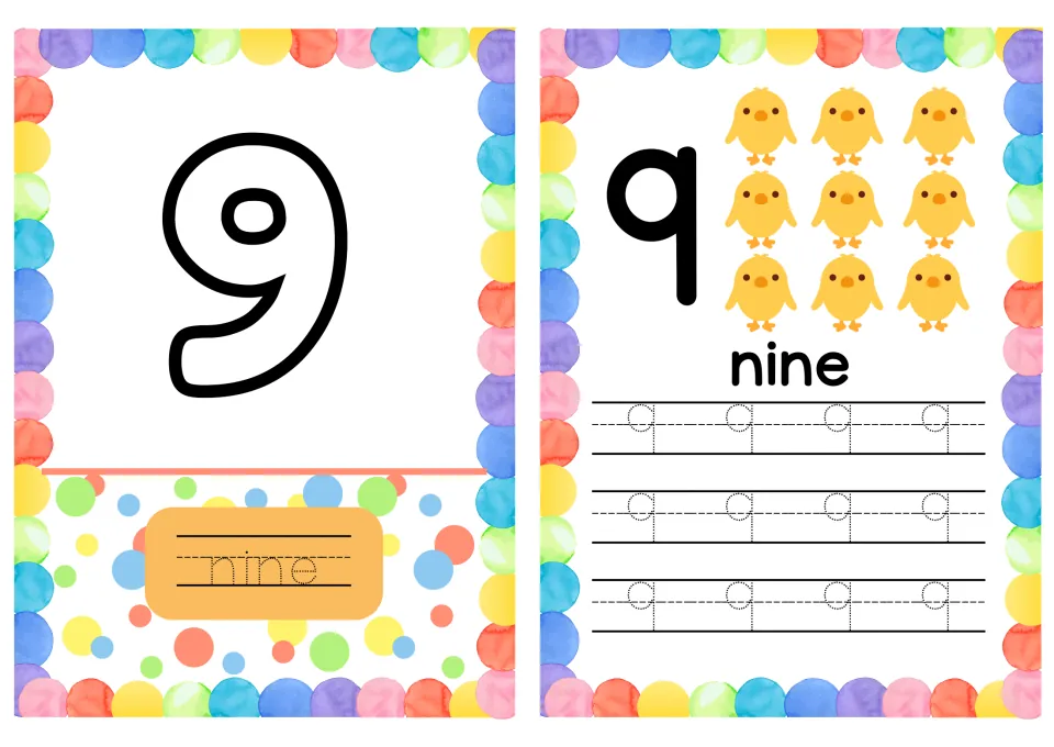 Number 9 cards: students trace nine below a bubble 9, count nine yellow chicks and trace dotted 9s to practise writing