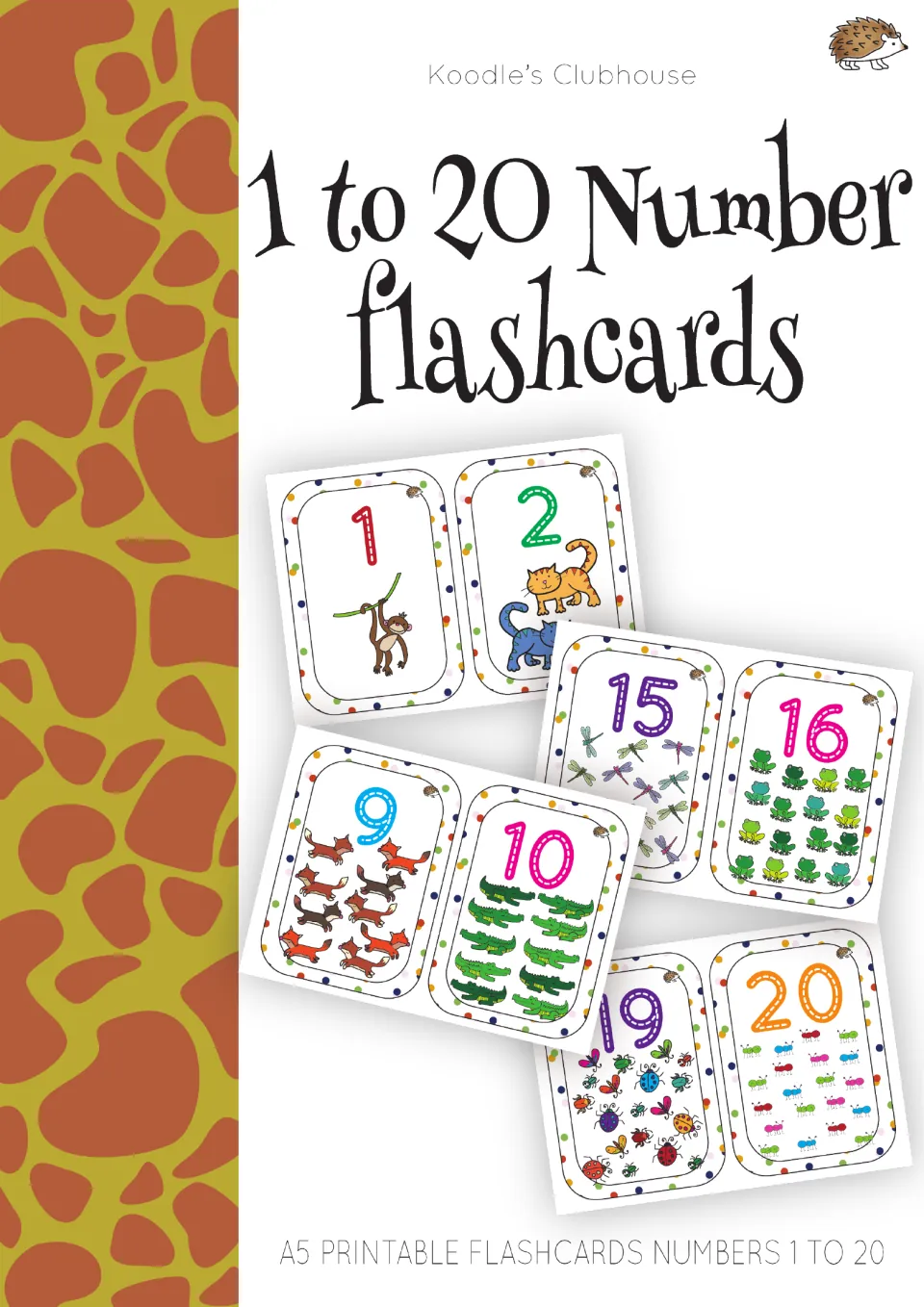 Cover of Koodle's Clubhouse 1 to 20 number cards: A5 printable tracing numerals, each paired with animals to count