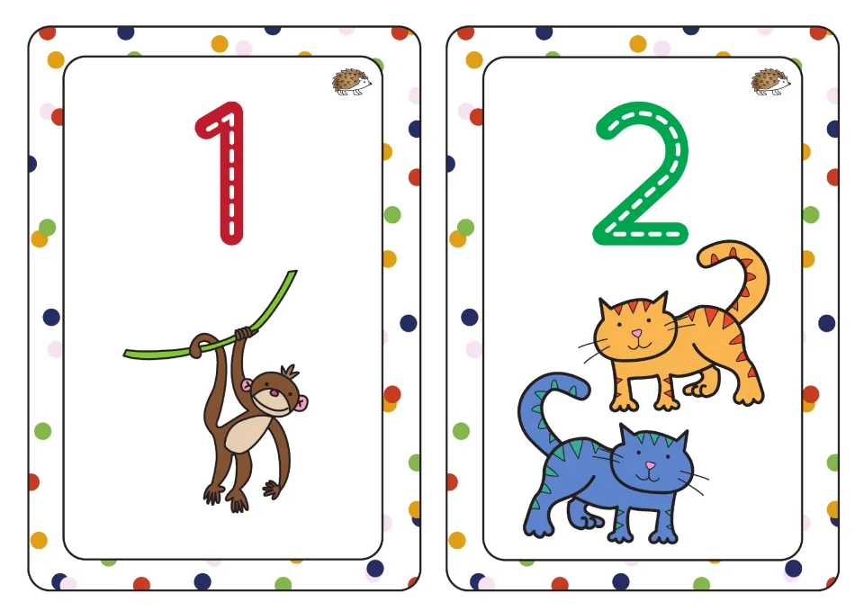 Numbers 1 and 2: children trace each dashed numeral to practise number formation, then count 1 monkey and 2 cats