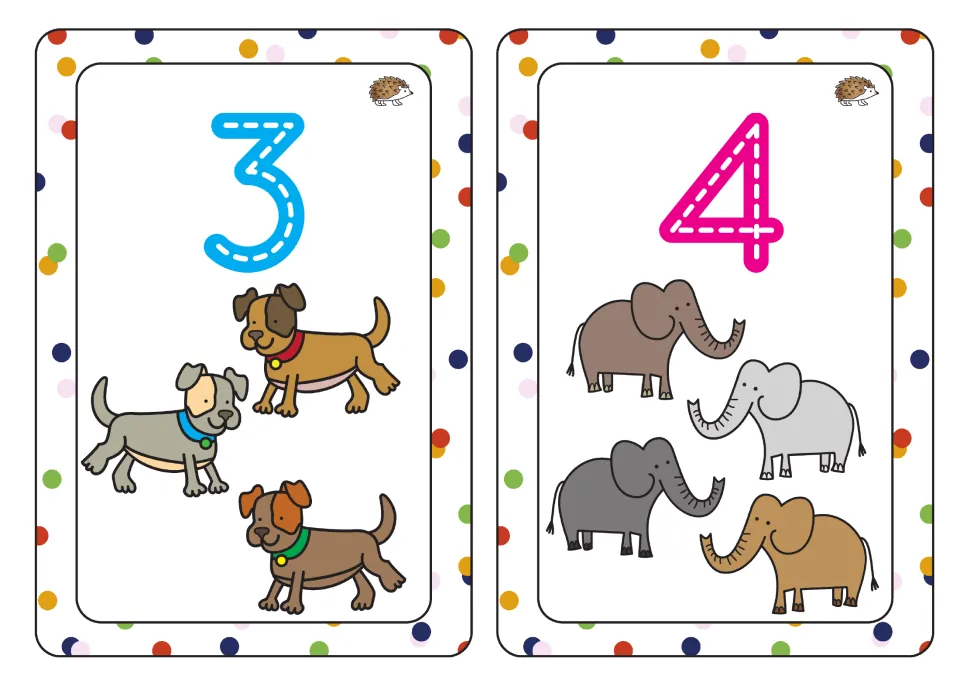 Numbers 3 and 4: dashed numerals to trace for number formation, with 3 dogs and 4 elephants for one-to-one counting
