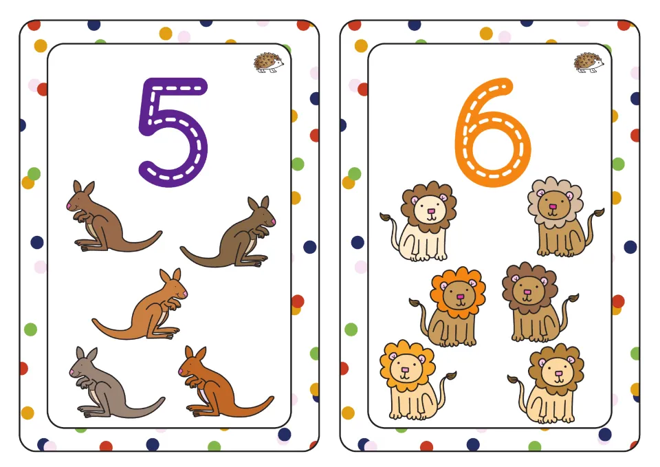 Numbers 5 and 6: trace each dashed numeral, then count 5 kangaroos and 6 lions to match quantity to the written number