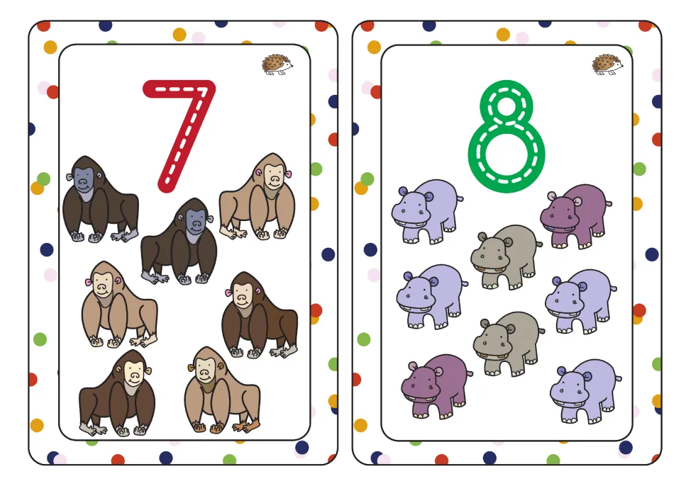 Numbers 7 and 8: dashed numerals for tracing practice, with 7 gorillas and 8 hippos to count and match to each number