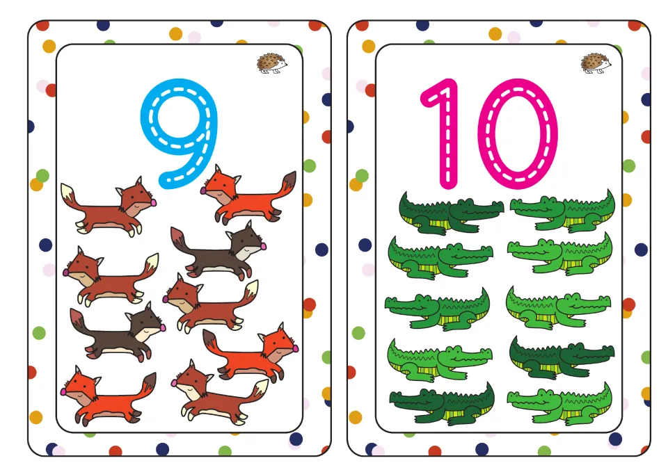 Numbers 9 and 10: trace the dashed numerals, then count 9 foxes and 10 crocodiles to match each written number