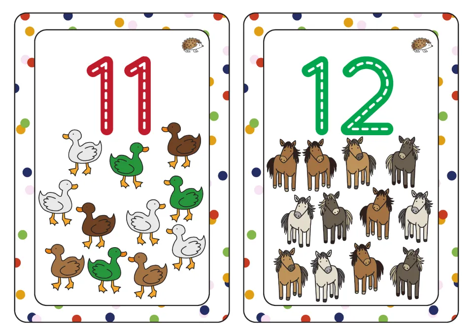 Numbers 11 and 12: two-digit dashed numerals to trace, with 11 ducks and 12 horses for counting past ten