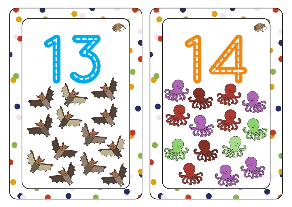 Numbers 13 and 14: trace the dashed teen numerals, then count 13 bats and 14 octopuses to match each set to its number