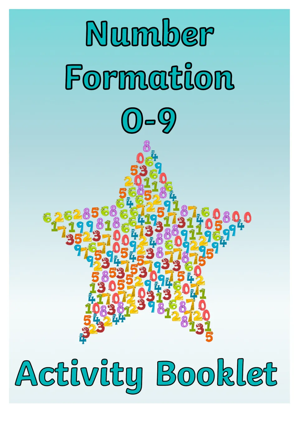 Cover of the Number Formation 0-9 Activity Booklet, showing a star made of many colorful cartoon numerals 0 to 9