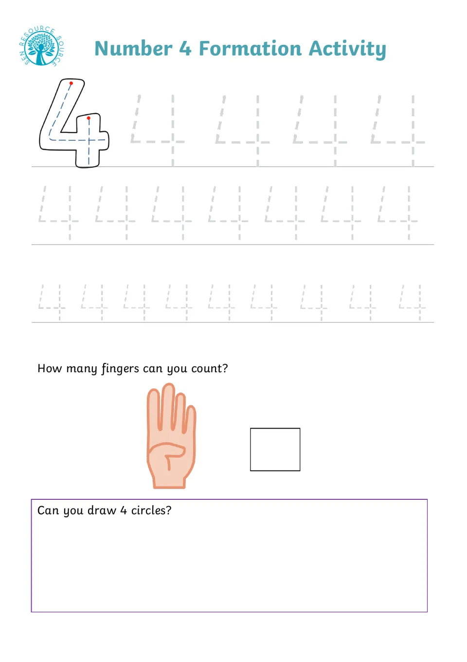 Numeral 4 formation: students trace 4 using two starting dots, count four raised fingers, and draw 4 circles