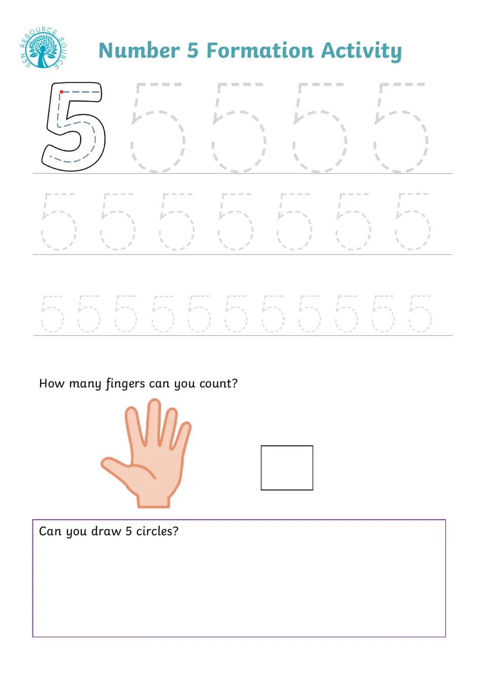 Number 5 handwriting: children trace dashed 5s, write the count of an open hand showing five fingers, and draw 5 circles
