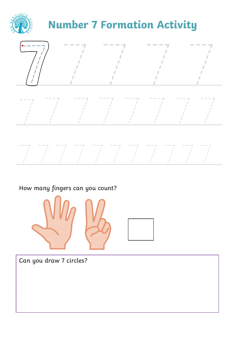 Number 7 formation: learners trace dashed 7s, count five fingers plus two on a second hand, and draw seven circles