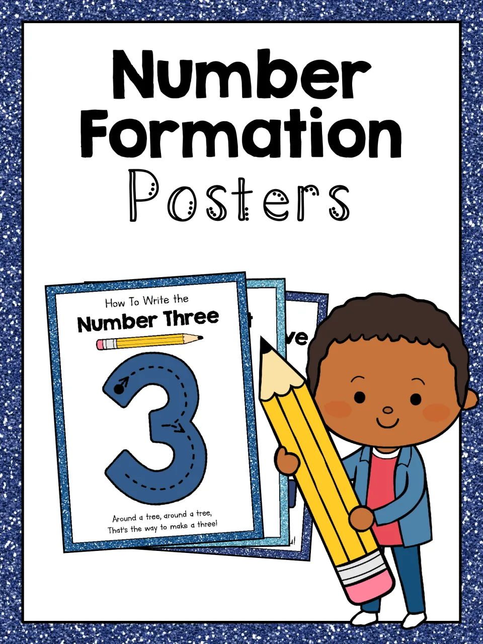 Number Formation Posters cover showing a Number Three tracing poster with arrows and rhyme beside a child with a pencil