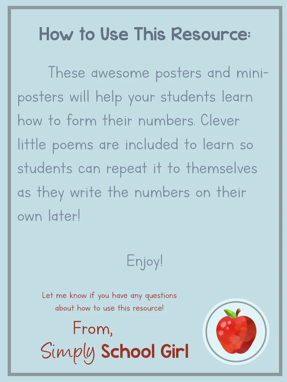 How to Use This Resource note explaining the posters, mini-posters and short poems students repeat while writing numbers