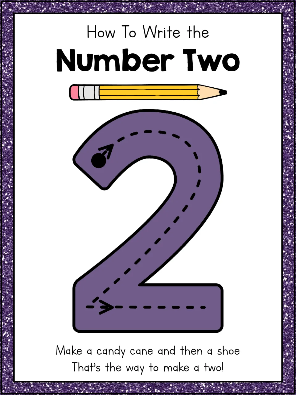 How to write the number two: students trace the curve and base of a 2 using the rhyme 'make a candy cane and then a shoe'
